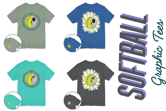 Softball Graphic T-Shirts featuring skulls, mandalas, and daisies by Graphic Nonsense