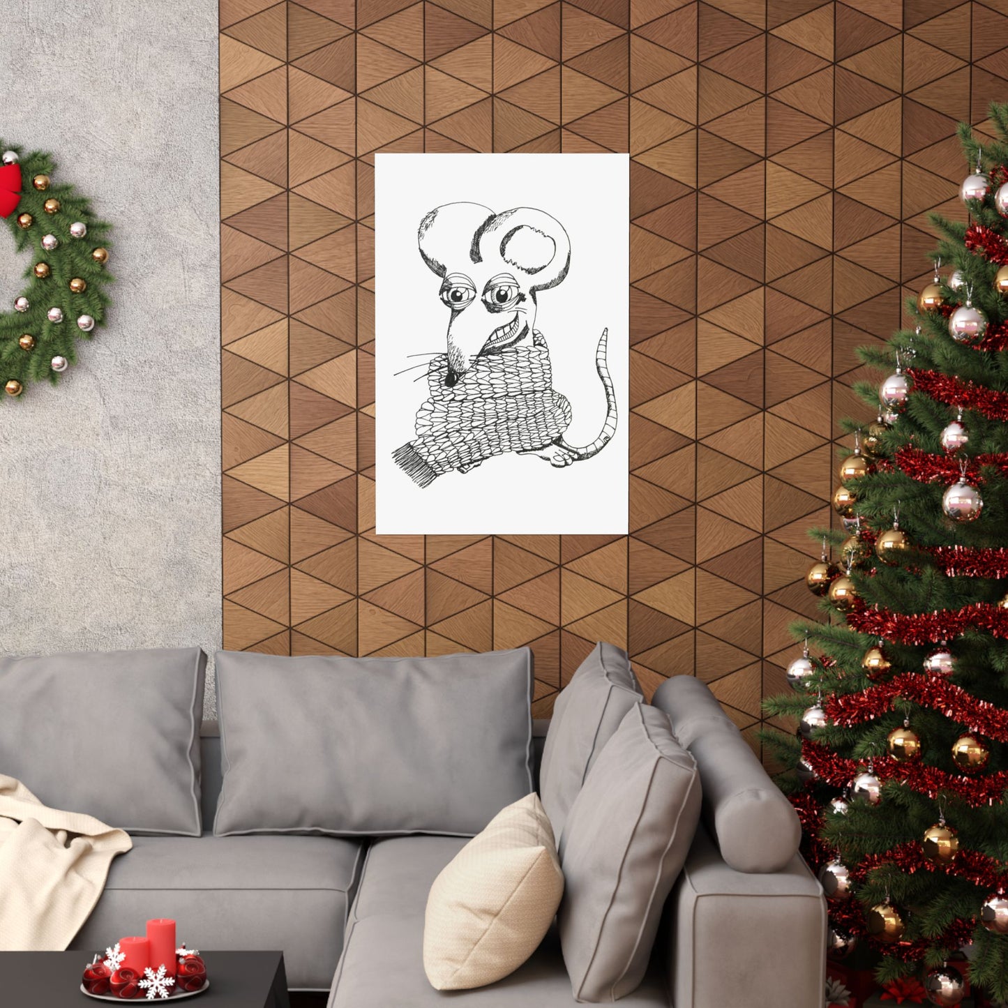 Mouse Wearing Scarf Poster — Black & White Sketch Matte Vertical Art