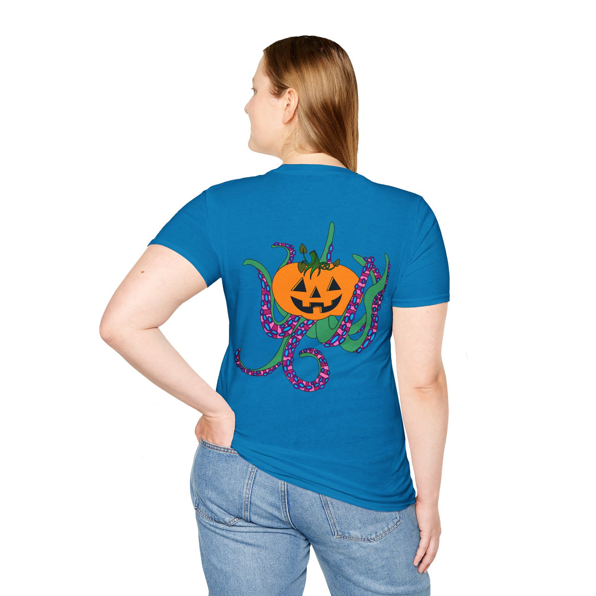 Jack O' Lantern Octopus Halloween Unisex Softstyle T-Shirt Back Design