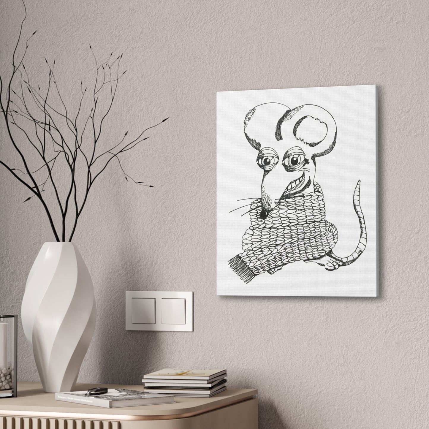 Whimsical Rat in Knit Scarf — Hand-Drawn Canvas Art