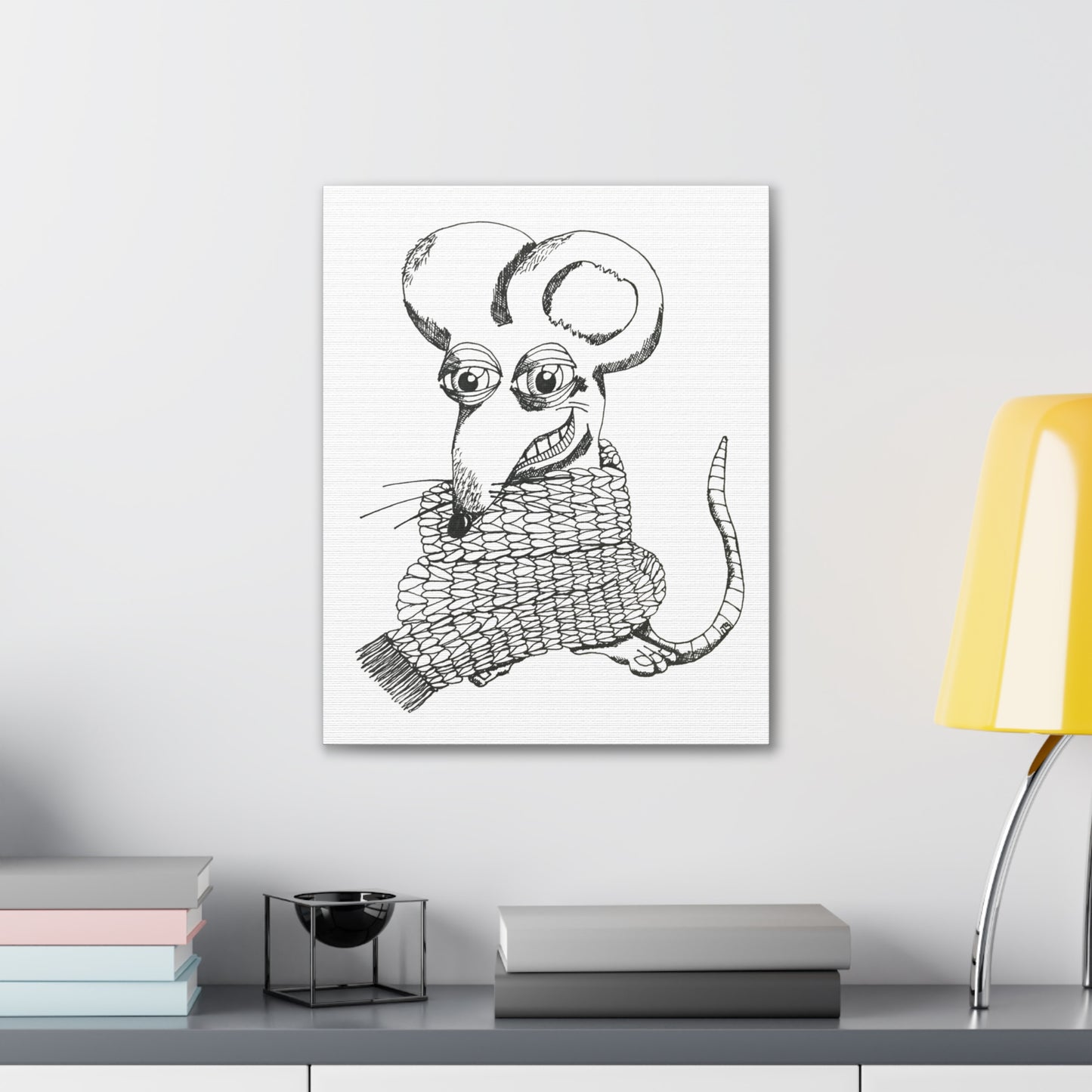 Whimsical Rat in Knit Scarf — Hand-Drawn Canvas Art