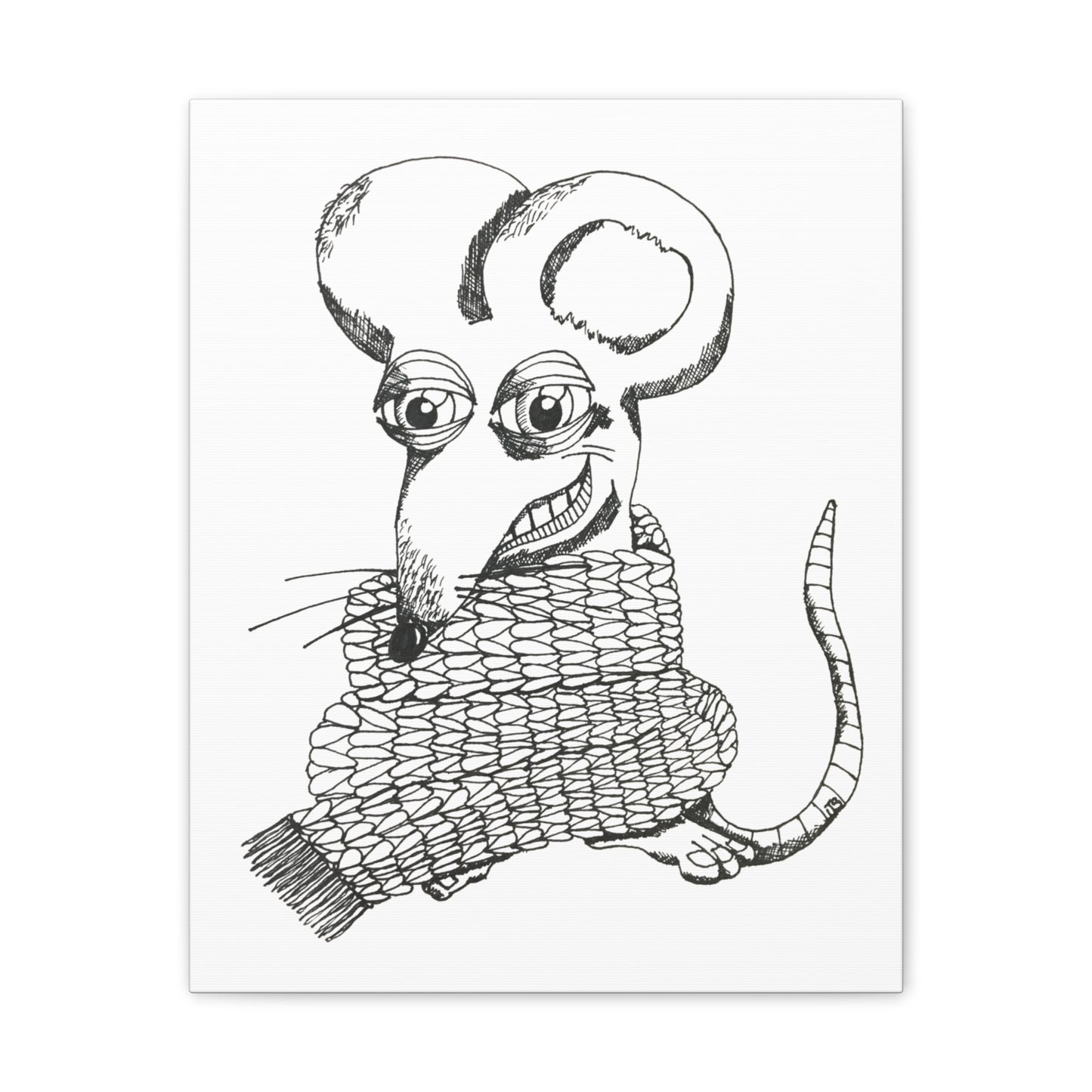 Whimsical Rat in Knit Scarf — Hand-Drawn Canvas Art