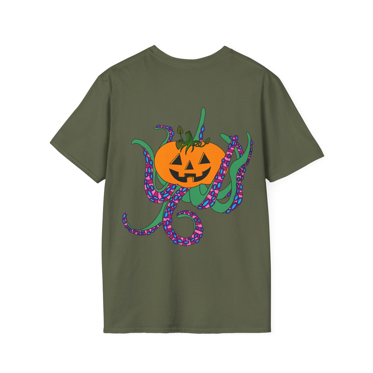 Jack O' Lantern Octopus Halloween Unisex Softstyle T-Shirt Back Design