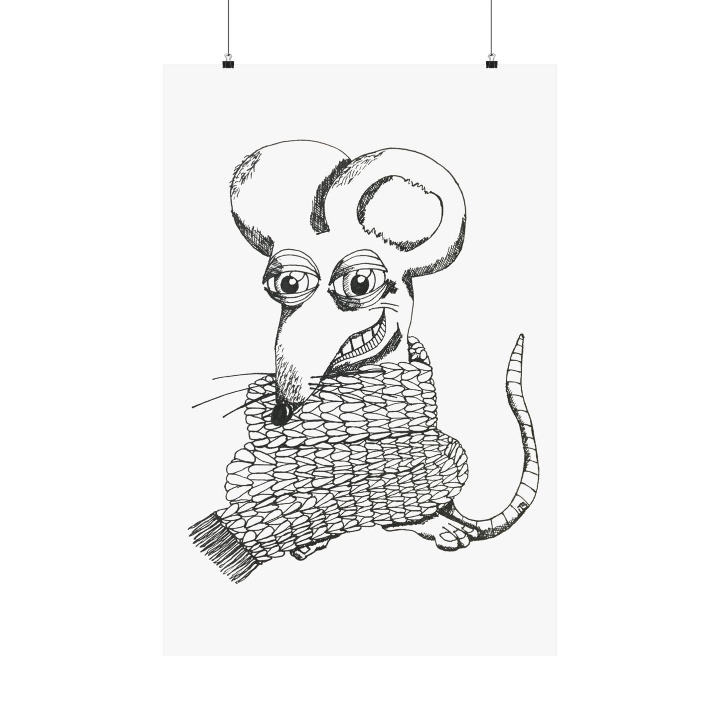 Mouse Wearing Scarf Poster — Black & White Sketch Matte Vertical Art